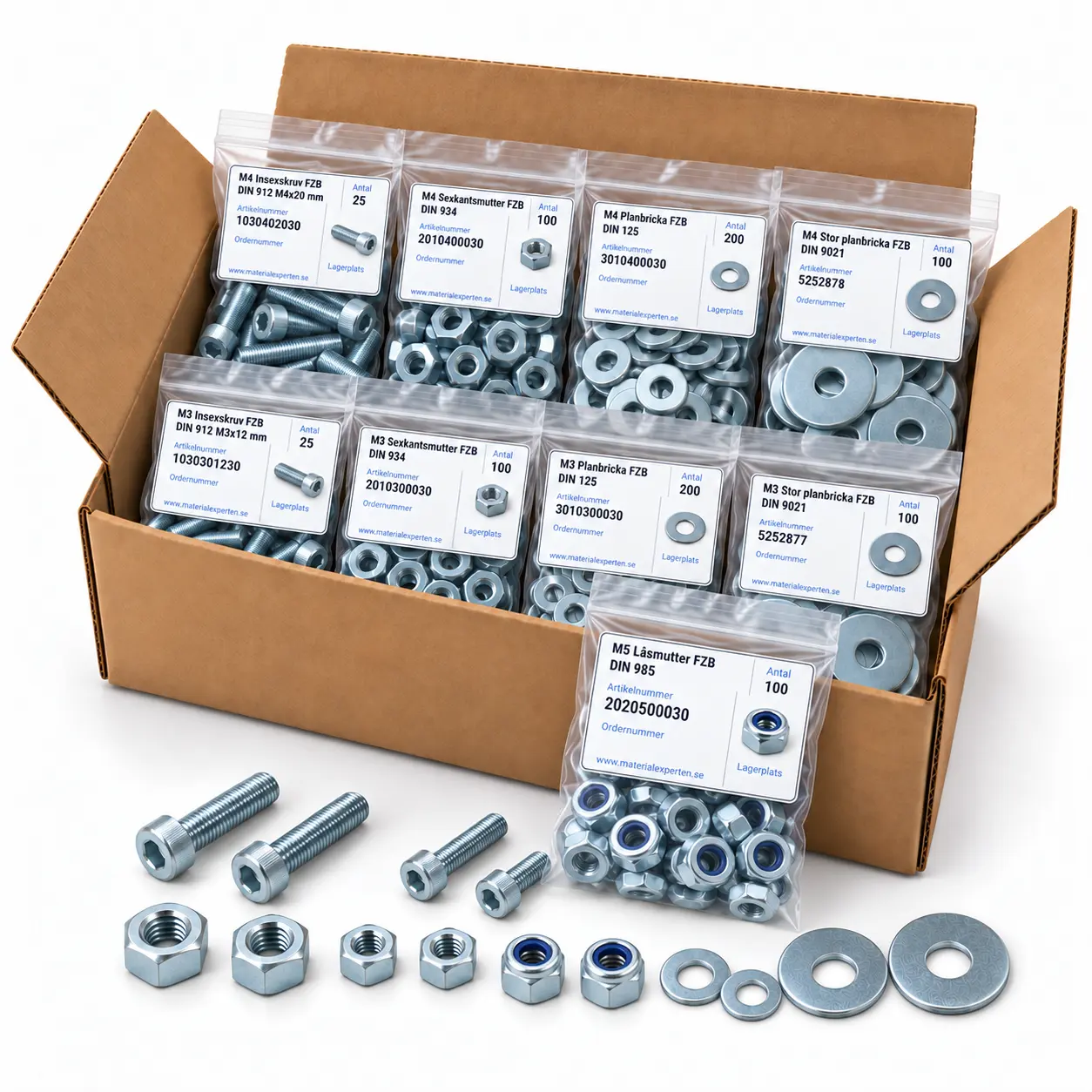 Packillustration: FZB Finmontage insex M3–M5, M3–M5, märkta påsar i kartong. Exakt innehåll i artikellistan.