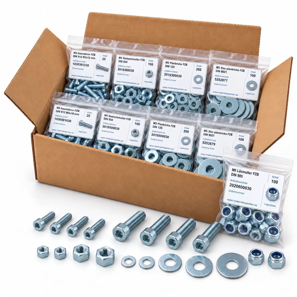 Packillustration: FZB Finmontage insex M3–M6, M3–M6, märkta påsar i kartong. Exakt innehåll i artikellistan.
