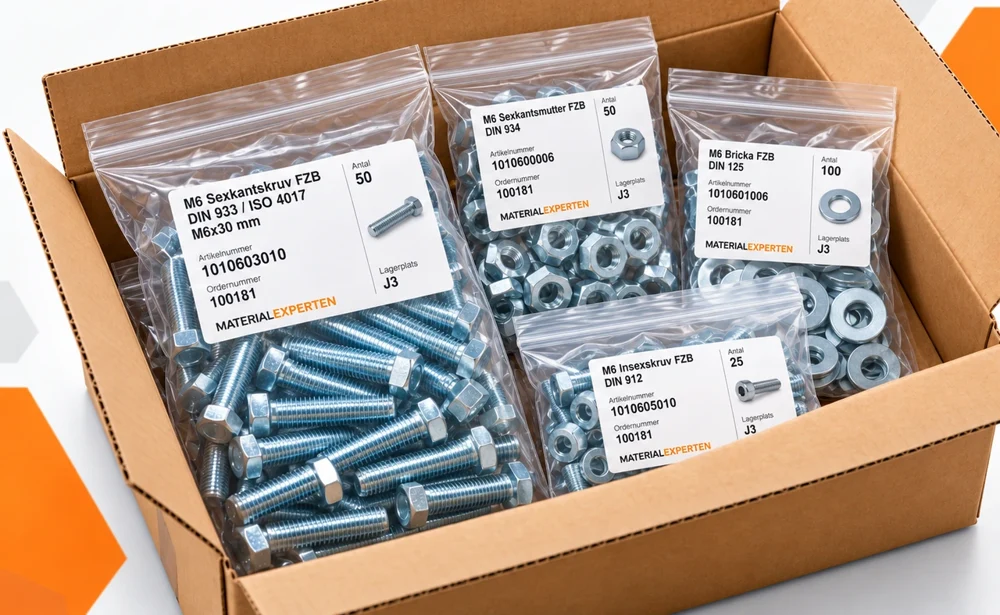Packexempel: elförzinkade fästelement i märkta påsar i en kartong