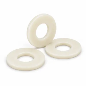 Plana brickor i naturfärgad nylon, DIN 125, visade stående och liggande.