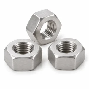 Sexkantsmuttrar i aluminium enligt DIN 934, visade från tre vinklar
