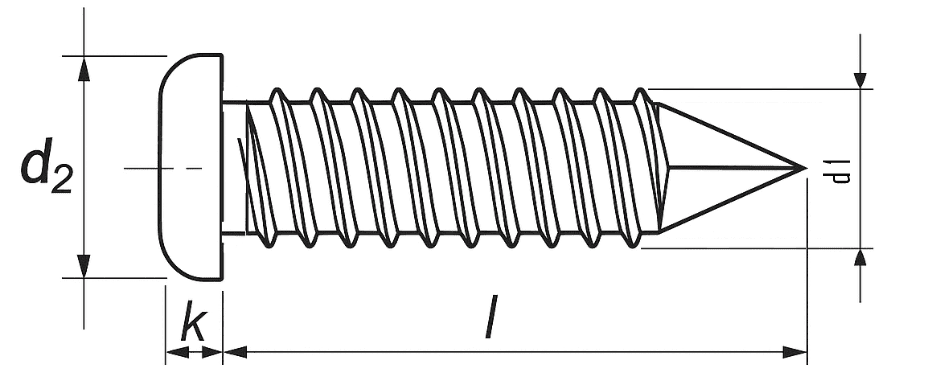 Teknisk ritning för plåtskruv DIN 7981 / ISO 14585 FZB med kullrigt huvud och Torx-spår. Mått d1, d2, k och Torx-storlek.