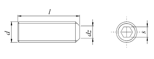 Ritning – stoppskruv SK6SS ISO 4029 / DIN 916 (skålad spets) i A4 syrafast rostfritt, mått p, s, dz för M3–M16