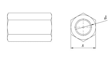 Ritning – skarvmutter DIN 6334 A4 syrafast M6–M20 med mått s och h.